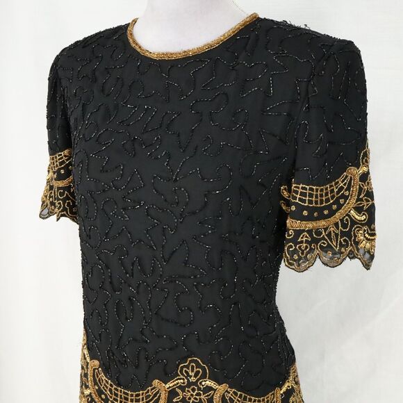 Brillante by JA Dress Womens Large Black Sequin Gold Trim Chiffon Formal Vintage - Picture 8 of 16